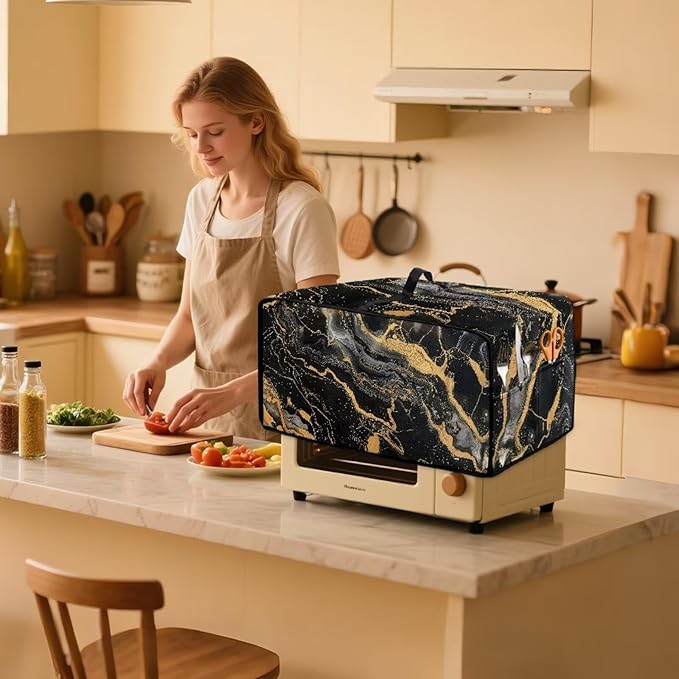 Air Fryer Toaster Oven Dust Cover Dustproof Modern Design Convection Oven Cover with Side Pockets for Small Kitchen Appliances, M, 16.5 x 20.5 x 10 inches, Black Gold Marble