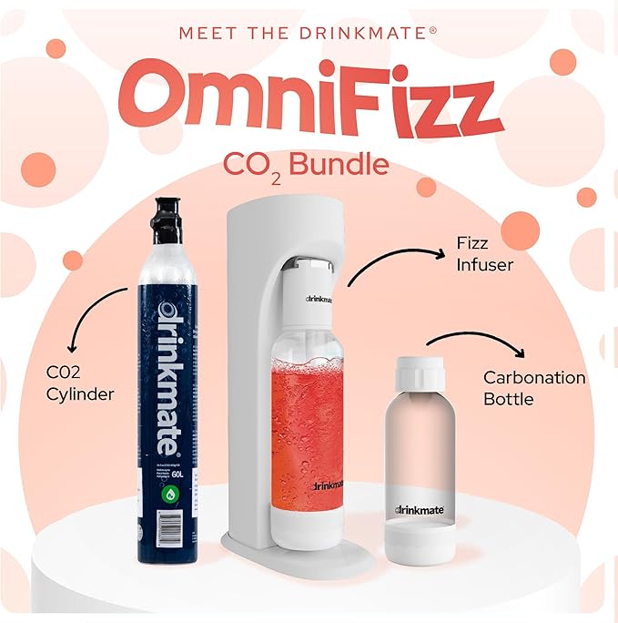 Drinkmate OmniFizz Sparkling Water Maker & Soda Streaming Machine | Carbonates Any Drink | SPECIAL BUNDLE | Includes 60L CO2 Cartridge + Two BPA-Free Bottles (Classic White)
