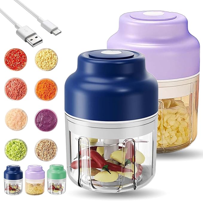 Electric Garlic Chopper, Mini Portable Veggie Cutter with 4/6 Stainless Steel Blades, Portable Wireless Rechargeable Mini Electric Garlic Food Chopper for Garlic, Onion, Chili, Nuts (2PCS-C,320ML)