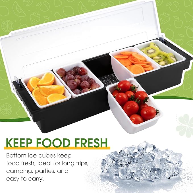Fruit, Veggie & Condiment Caddy with Lid, 5 Removable Compartments, Ice-Cooled Garnish Tray for Bartenders, Pizza Topping Organizer, Taco Bar Cooler, Portable Condiment Serving Tray