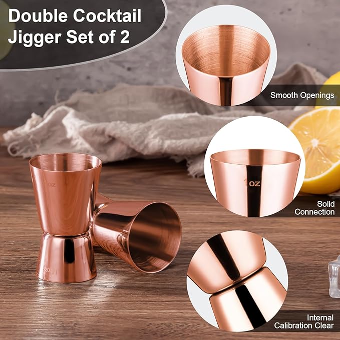 Briout Jigger for Bartending, 2 Pcs Double Cocktail Jigger Japanese Premium 304 Food Grade Stainless Steel Jigger 1 OZ 1/2 OZ, Flat Edge Rose Gold