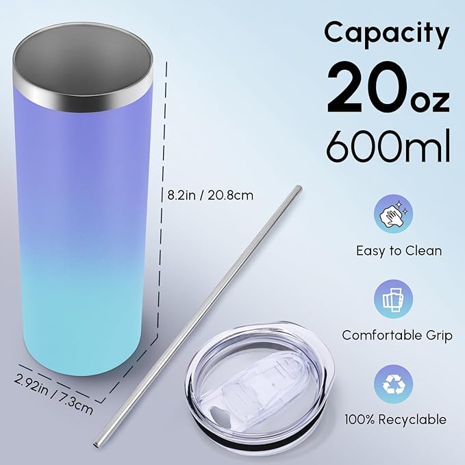Volhoply 8 Pack Skinny Tumblers with Lid and Straw, 20oz Stainless Steel Straight Tumbler Bulk, Vacuum Insulated Coffee Mug for Home, Office, Travel, DIY (Purple Bule,8 Pack)