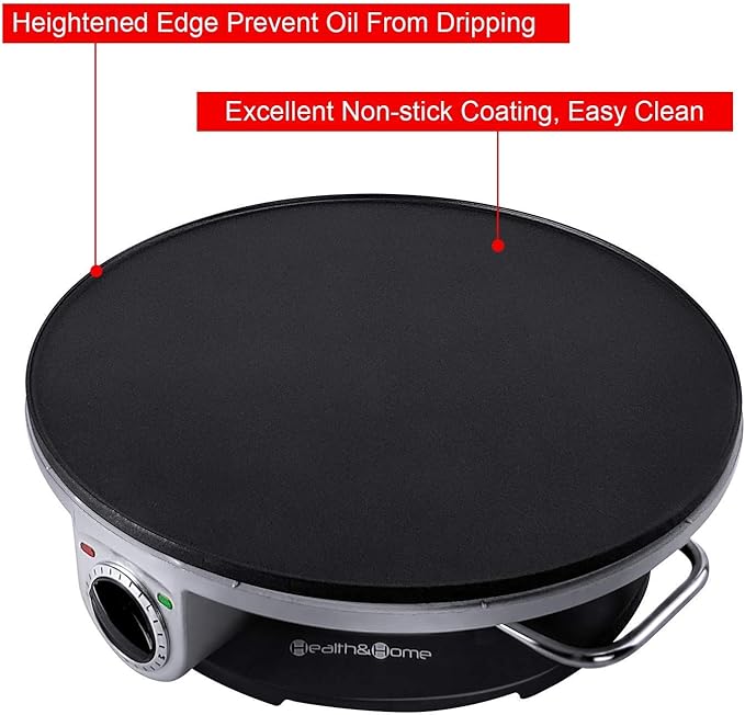 Health and Home Crepe Maker - 13 Inch Crepe Maker & Electric Griddle & Non-stick Pancake Maker-Crepe Pan (Silver-A)