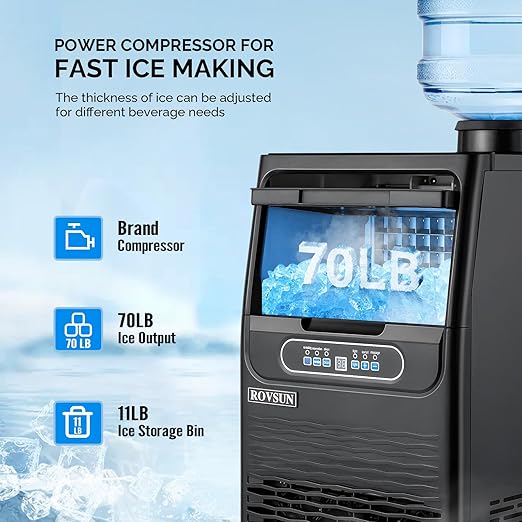 ROVSUN Commercial Ice Maker 70LBS/24H with 2 Water Inlets, Stainless Steel Ice Machine Countertop & Freestanding for Restaurant Bar with 11lbs Storage Bin, Ice Scoop, Drain Pipe & Water Filter