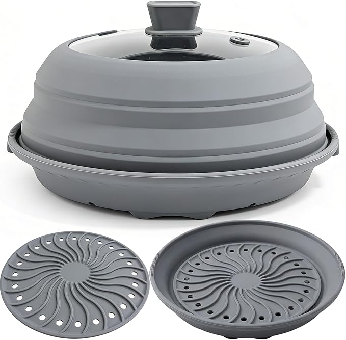 3 in 1 Microwave Splatter Glass Cover with Silicone Mat and Base Plate,BPA Free Collapsible Silicone Microwave Food Cover with Vent Hole and Anti-scald Silicone Handle,Dishwasher Safe (Large-Gray)