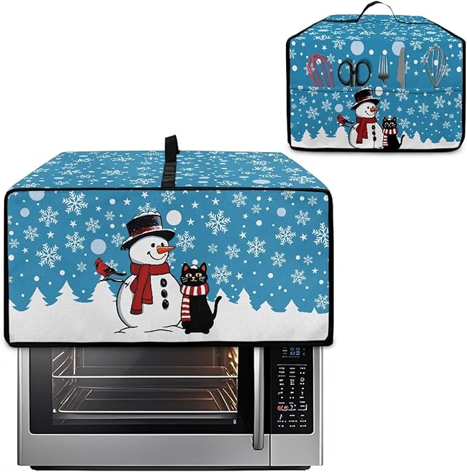 Microwave Oven Cover Air Fryer Toaster Oven Dust Cover, Stain-resistant Small Electric Appliance Protector, L, Snowman Black Cat Snowflake Blue Christmas Decorations