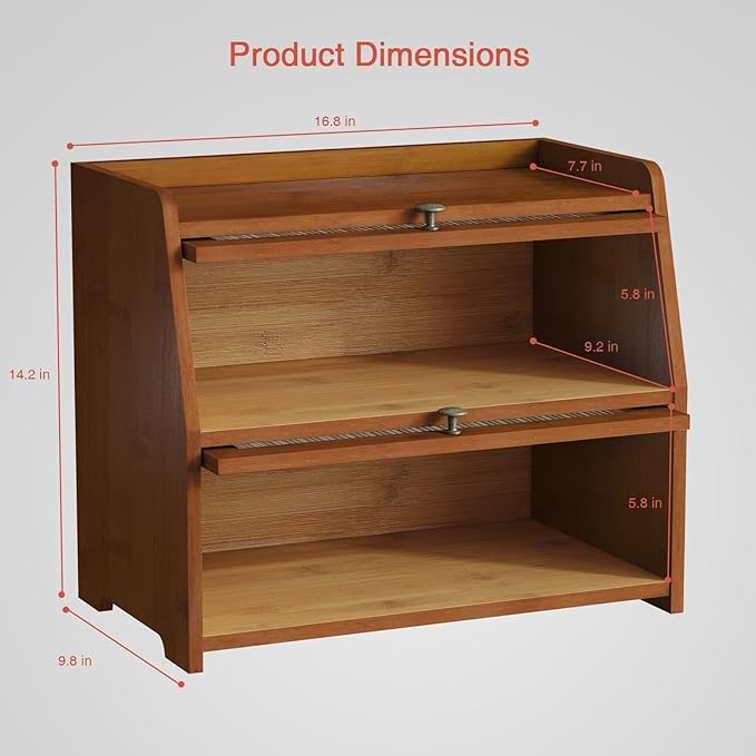 Goozii Wooden Bread Box for Kitchen Countertop, Dark Wood Bread Storage Container for Homemade Bread, 2 Tier Roll Top Breadbox Holder Keeper for Sourdough Loaf Storage (Walnut Brown)