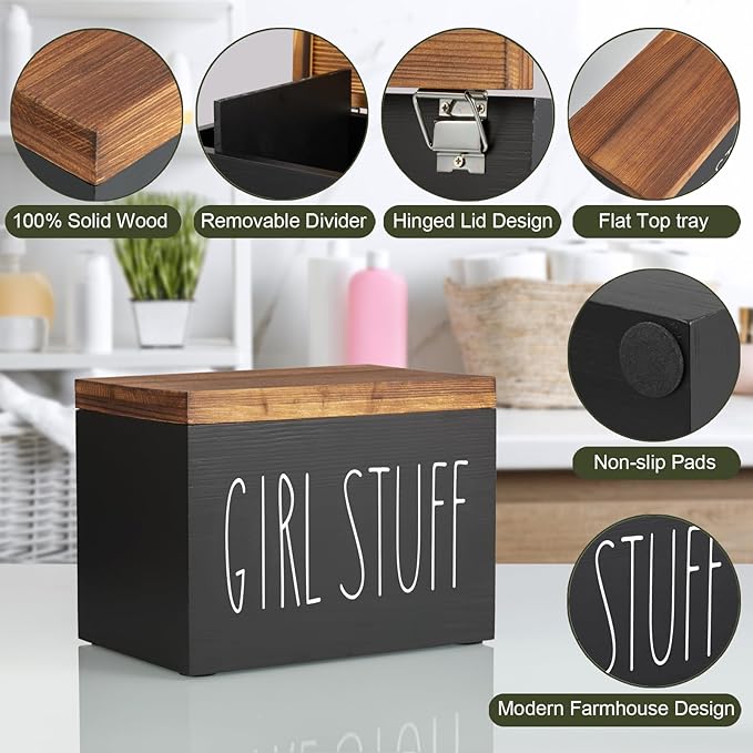 DRASTAR Tea Bag Organizer, Black Wooden Tea Bag Holder& Tampon Holder for Bathroom, Feminine Product Organizer