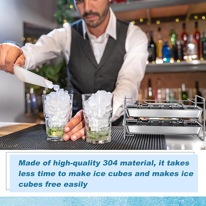 4 Pack Stainless Steel Ice Cube Tray Easy Release Handle Stand Durable Metal Ice Cube Trays for Bars Kitchens Dishwasher Whiskey 72 Large Slots for Easy Removal and Cleaning