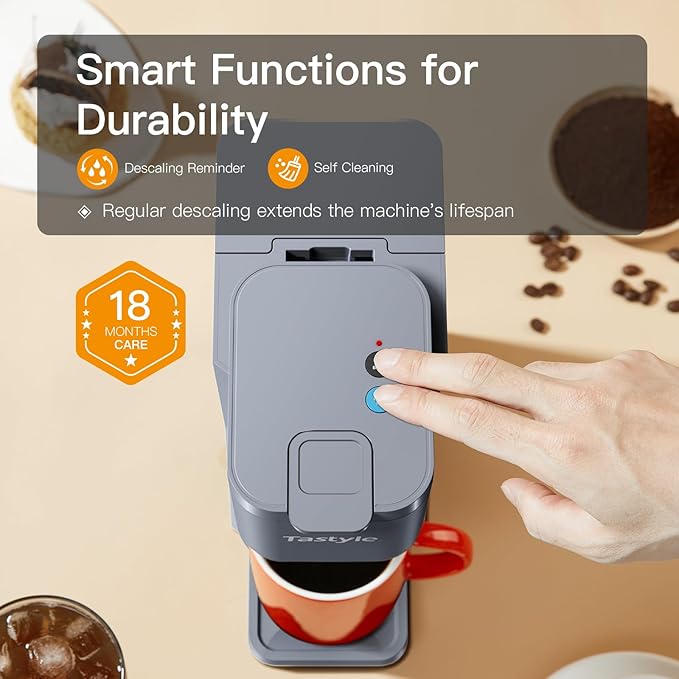 Tastyle Mini Hot and Iced Coffee Maker Single Serve, for K Cup and Ground, 6 to 14 Oz Brew Sizes, with Recipe Book, for Home, Travel, RV, Office and Dorm, Elegant Gray