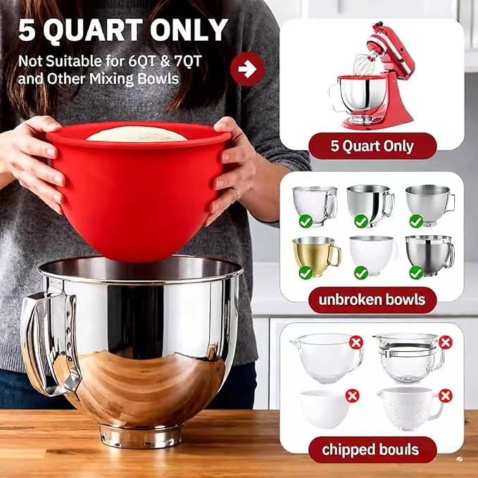 1PCS Silicone Bowl Liners with Lids,5Qt Tilt-Head Silicone Liners for Kitchenaid Stand Mixer,Odourless,Thicker, Cold/Heat-Resistant & Non-Stick, Easy Clean(Red)(with Oven mitts)
