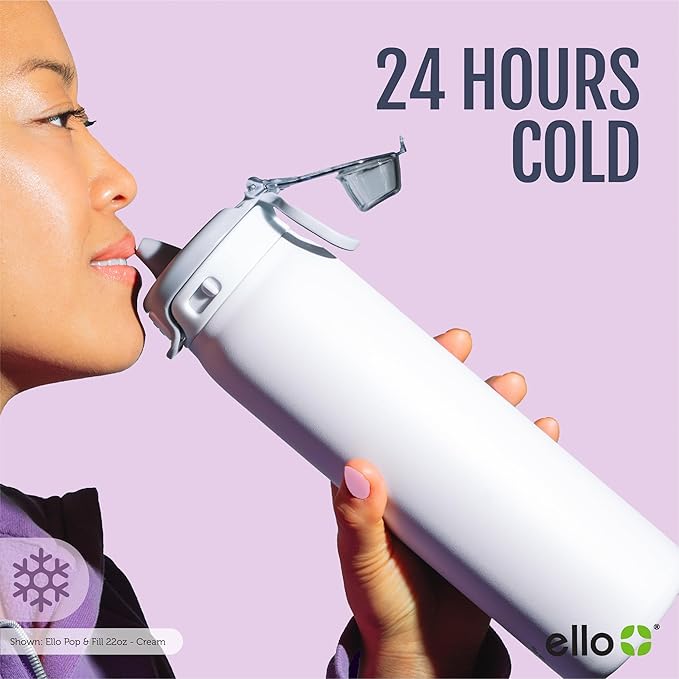 Ello Pop & Fill 32oz Stainless Steel Water Bottle with QuickFill Technology, Double Walled and Vacuum Insulated Metal, Leak Proof Locking Lid, Straw and Chug, Reusable, BPA Free, Serene Bloom