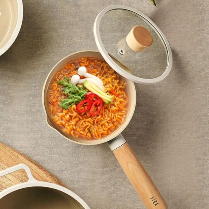 NEOFLAM FIKA 1.5QT Milk Pan with 2 Pour Spouts, Butter Warmer, Milk Boiling, Melting Pot for Stovetops and Induction, Wood Handle, Made in Korea (6" / 16cm)