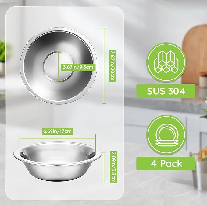 304(18/8) Stainless Steel Mixing Bowls for Kitchen, 4 Pack 7.8" 28.89 fl.oz Metal Mixing Bowls Set Stackable for Baking Serving Cooking Food Prep Storage Dishwasher Safe Lightweight