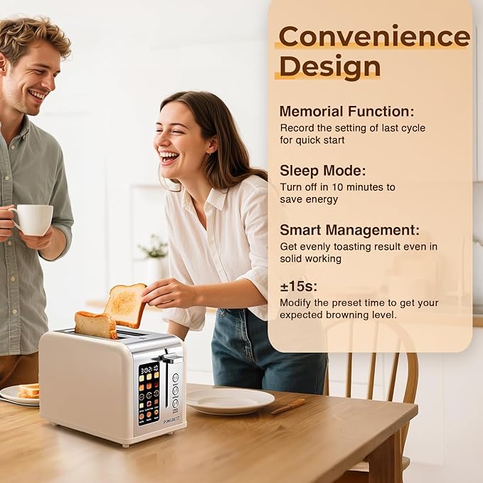 2 Slice Touch Screen Toaster Stainless Steel Digital Touchscreen with Wide Slots, Reheat & Defrost, Even Toasting for Bagel & Bread, Easy Removable Crumb Tray, Cream Color