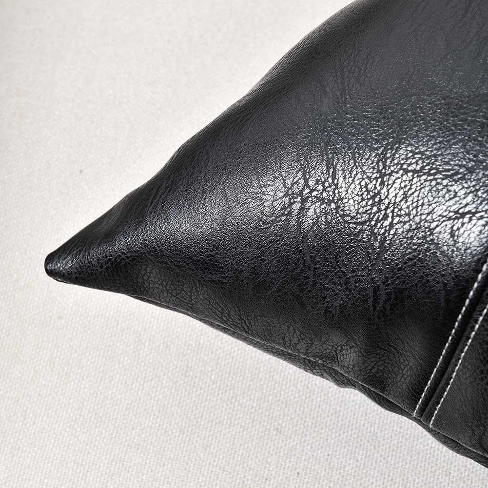 Fancy Homi Black Long Lumbar Faux Leather Decorative Throw Pillow Covers 14x24 Inch for Living Room Couch Bed Sofa, Boho Farmhouse Home Decor, Hand Stitched Rectangle Cushion Case 35x60 cm