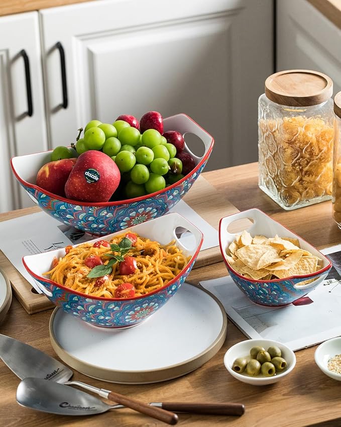 LAUCHUH Serving Bowls with Handles, Bohemian Porcelain Serving Dishes for Entertaining Colorful Nesting Bowls Salad Bowls for Kitchen, Mother's Day Party, Set of 3, 15/28/49 oz, Blue and Red