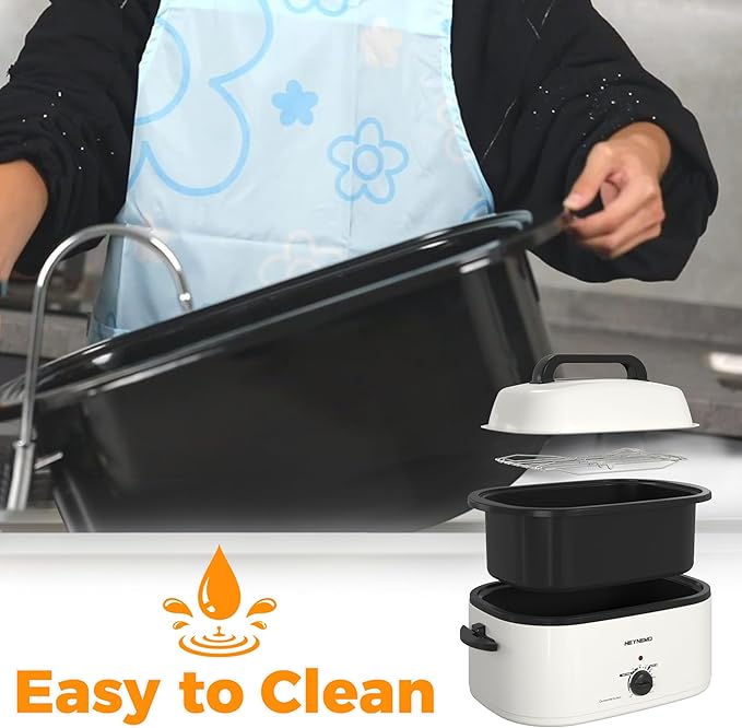 26 Quart Electric Roaster Oven with Visible & Self-Basting Lid, Large Turkey Roaster with Defrost Warm Function, Adjustable Temperature, Removable Pan Rack, Stainless Steel, White