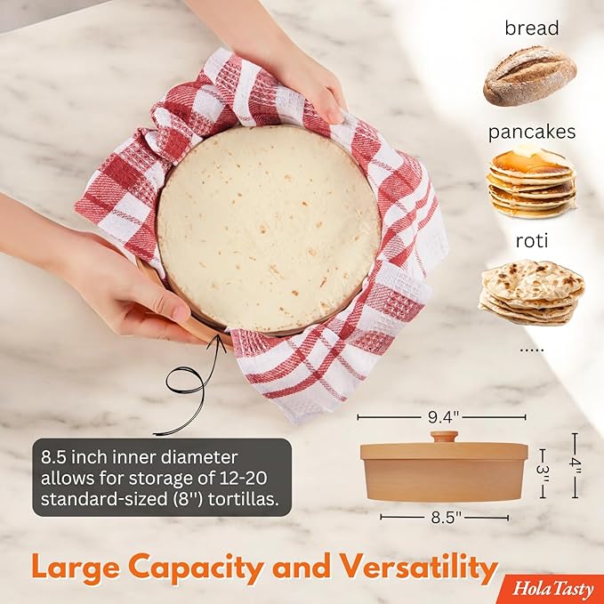 Mexican Terracotta Tortilla Warmer for Thanksgiving | Authentic Terra Cotta Tortilla Holder with Warmer Cloth | Natural Clay Tortillero Keeps 8" Tortillas Warm | Bread Warmer for Fall Dinner Party