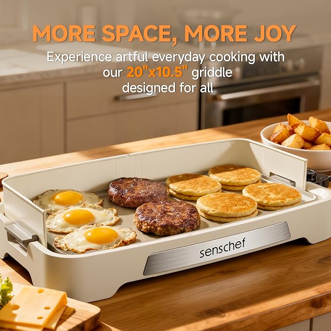 Cleansnap Everyday Electric Griddle, Great Gift for Family Feasts - 20” Nonstick Grill with Foldable Anti-Mess Shield, Rapid 1700W Hea & PPG Ceramic Coating, Dishwasher Safe, Vanilla Cream