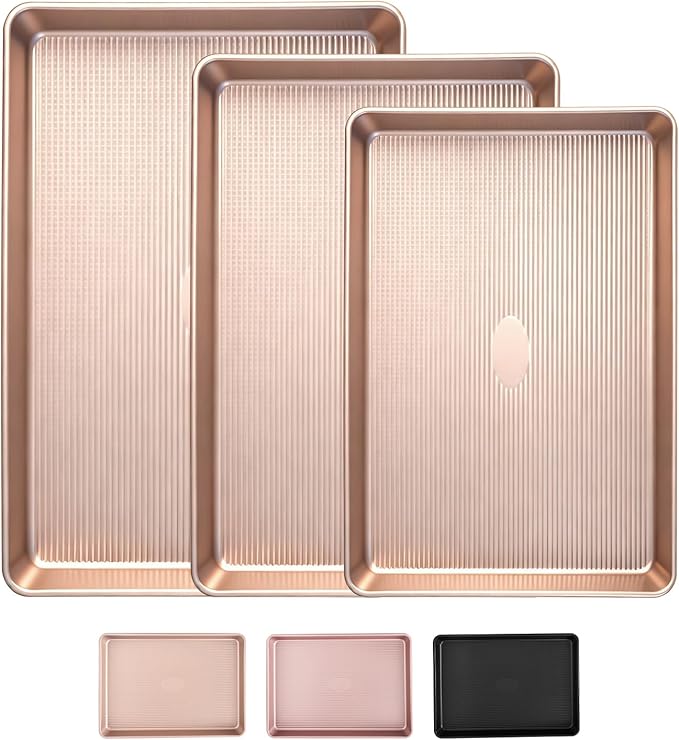 Sakerplus Nonstick Baking Sheet Pan Set of 3, Heavy Duty Cookie Sheets for Oven with Stripe Texture Pattern, 0.6mm Thick Quarter/Half/Jelly Roll Pans, Rust-Resistant & Easy Clean (Champagne Gold)