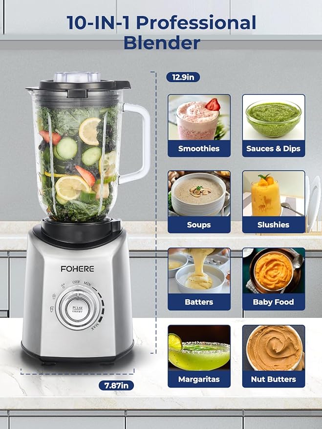 FOHERE Professional Blender Peak 1300W, Countertop Blender with 3 Presets＆ 5 Speeds for Smoothies, Shakes, and Frozen Drinks, 50 Oz Glass Jar ＆20 Oz Tritan Jug