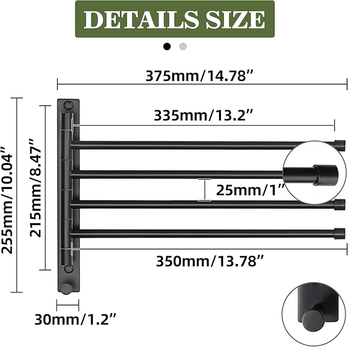 Alise Swivel Towel Rack, SUS304 Stainless Steel 4 Arms Towel Bar, Space Saving Swing Out Towel Bar with Hook, Towel Racks Wall Mounted for Bathroom, Matte Black
