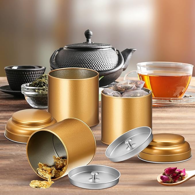 Meanplan 12 Pcs Tea Tin Canister with Airtight Double Lids Round Tin Can Box Small Kitchen Tea Canister Loose Leaf Storage Containers for Loose Bags Coffee Sugar Candy Spices(Bronze Gold,8 oz)