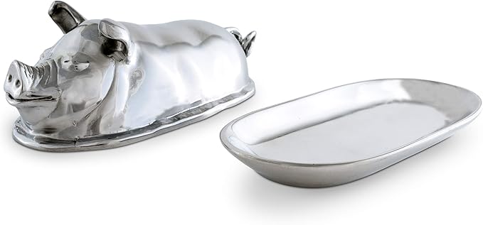 Arthur Court Happy Pig Covered Butter Cream Cheese Dish Container Keeper Hand Polished Tarnish Free Artisan Quality Farmhouse Table 7.5 inch Long