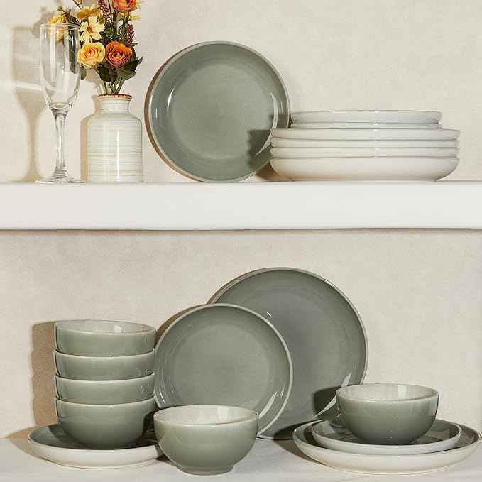 Stoneware Dinnerware Sets for 6, Microwave Safe Plate and Bowl Set, Easy to Clean & Durable Dishes Sets for Small to Medium Families, Gray Green