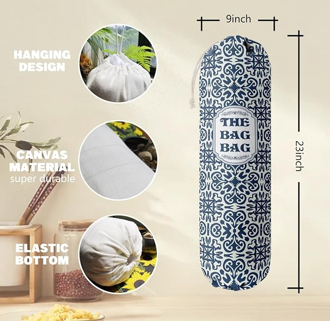HiLus Bag Holder, Blue Fabric Grocery Bags Holder Organizer, Wall Mount Plastic Bags Storage Container Dispenser, Kitchen Storage & Organization Product Accessories