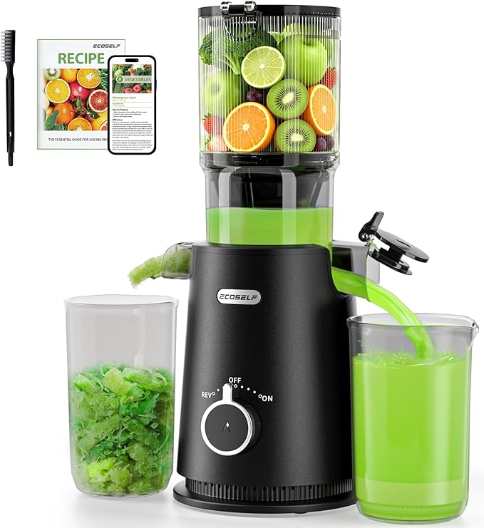 ECOSELF Juicer Machines - Wide Mouth Feed Chute For Fruits and Leafy Greens - Juice Extractor Machine With Self Feeding & Hands-Free Design For Family - Cold Press Juicer Easy to Clean（With Brush）