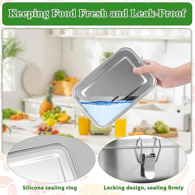 304 Stainless Steel Bento Box 4 Pack,1400/850/550ml Stainless Steel Lunch Box with Spoon, Fork, Lunch Bag, Leak Proof Stackable Food Containers with Lids for Adults Office Camping Picnic Travel