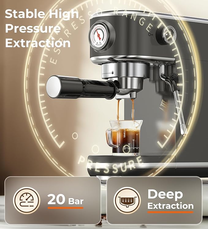 atatix 20 Bar Espresso Machine with Milk Frother, Compact Espresso Maker, Stainless Steel Coffee Machine with Precise Temp Control & 44oz Removable Water Tank for Latte, Cappuccino, Dark Grey