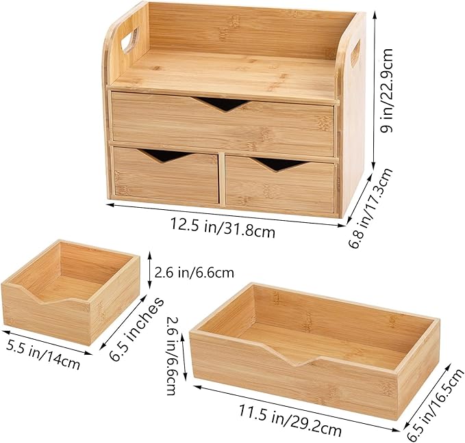 Hacaroa 3 Tier Bamboo Desktop Organizer with 3 Drawers, Tabletop Craft Box Cosmetic Storage Drawer with Handle, Portable Desk Letter Mail Sorter for Office Supply, Toiletries