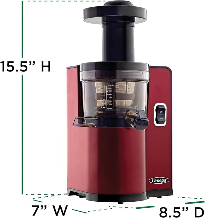 Omega Juicer Cold Press Vertical 43 RPM Slow Masticating Compact Juice Extractor for Fruits and Vegetables Quiet Operation with 3 Stage Auger Automatic Pulp Ejection and No-Drip Tap, 150-Watts, Red