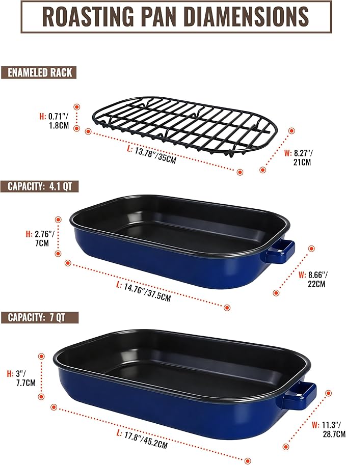 Roasting Pan for Oven with Rack 6-Piece Enamel Deep Lasagna Baking Dish 14&17 Inch, 572°F High Temp Resistance Dishwasher Safe Non-Stick Easy-To-Clean, Large Turkey Ham Roaster Mothers Day Gift