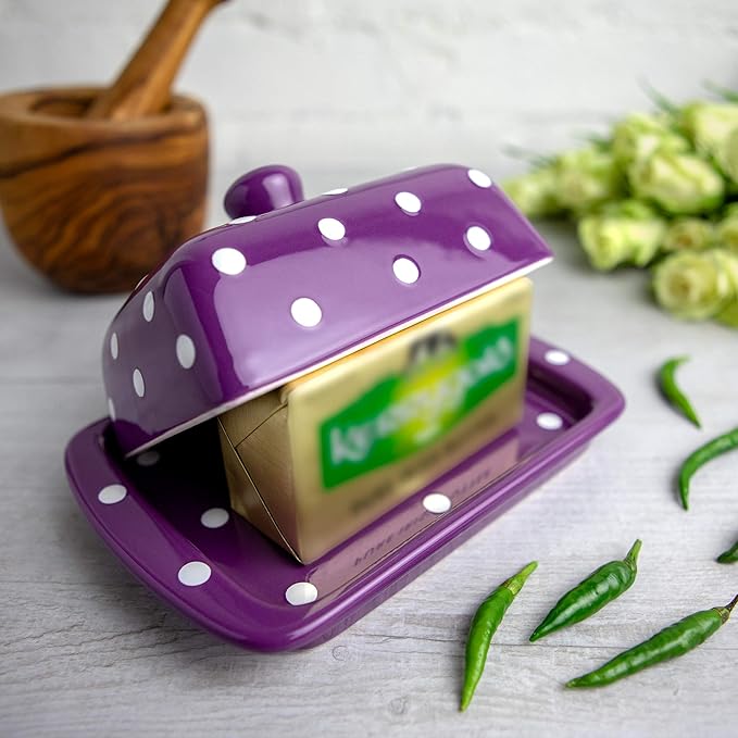 City to Cottage Large Butter Dish with Lid for Countertop, Ceramic Butter Keeper, Butter Container with Knob Handle, Butter Holder Tray with Cover, Handcrafted Purple Polka Dot Butter Dish