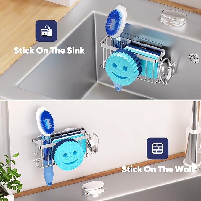 Sponge Holder for Kitchen Sink,Sink Caddy Smiley Face,4-in-1 Sponge Holder with Suction Cups & 1 PCS Adhesive Strips for Holding Soap,Brush,Scrubber,Sponge,Stopper-Silver