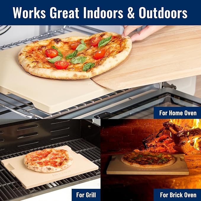 Pizza Stone for Oven and Grill, 15x12 Inch Cordierite Baking Stone with 4 Built-in Handles, 7.4lbs Heavy Duty Thermal Shock Resistant for Crispy Crust Pizza Bread Cookies BBQ