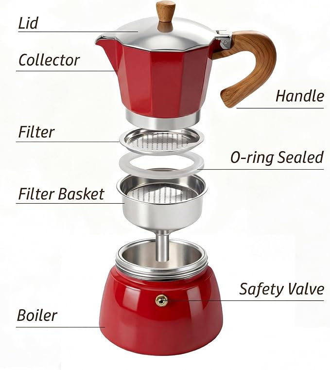 AGOGO Milano Moka Pot Stovetop Espresso Maker with 100 Paper Filters for Sediment-Free Coffee, Classic Italian Greca with Wood-Grain Handle,Cleaning Brush & Towel 6 Cup (10oz / 300ml) Red