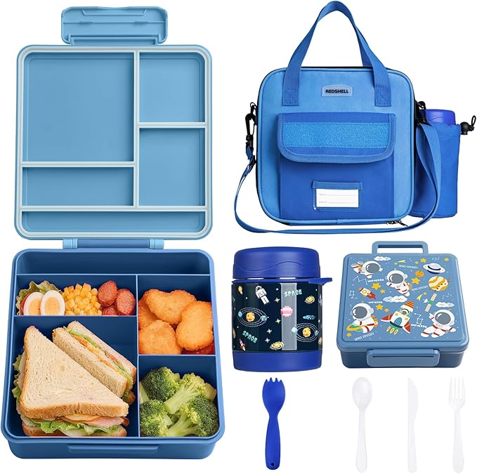 REDSHELL Bento Lunch Box for Kids Set, Leakproof Food Jar Pail with Insulated Bag, Toddler Snack Container Lunchbag Boys Daycare, Back to School Lunchbox Kit, Includes Bottle Holder Strap, Dark Blue