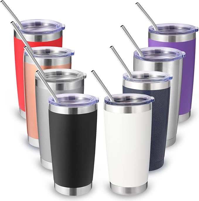 Volhoply 20oz Stainless Steel Tumbler with Lid and Straw Bulk 8 Pack,Double Wall Insulated Travel Iced Coffee Mug Fits Cup Holder,Powder Coated Cups for Hot/Cold Drinks,Christmas Gifts（Mix,8 Set）