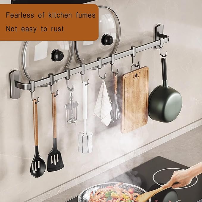 Utensil Hooks Kitchen Rail with Hooks Kitchen Hooks for Utensils Utensil Holder Wall Utensil Rack Kitchen Hooks,Black,45cm