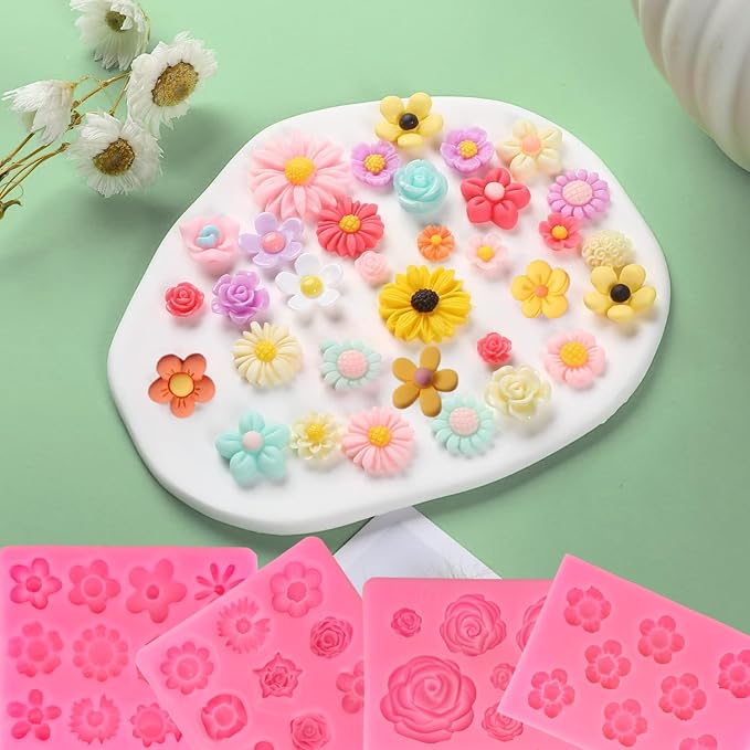 4Pcs Flower Silicone Molds - Rose & Daisy Mini Chocolate & Fondant Cake Decorating Molds for Baking, Soap, Ice Cube & Wax Melt