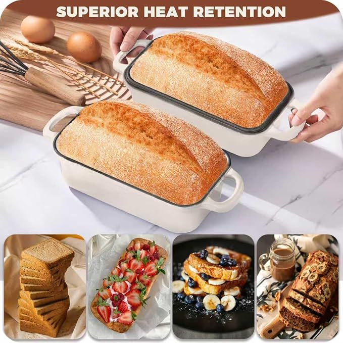 Cast Iron Bread Loaf Pan with Lid, Loaf Pans for Baking Bread 9x5, Enameled Bread Pans for Homemade Bread, Sourdough, Set of 2 (Cream White)