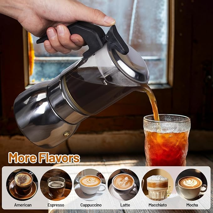 6 Cup Glass Clear Moka Pot Thickened 304 Stainless Steel Stovetop Espresso Maker Italian Coffee Machine 300ml 10.6oz Classic Mocha Cafe Greca Coffee Suitable for Gas Induction