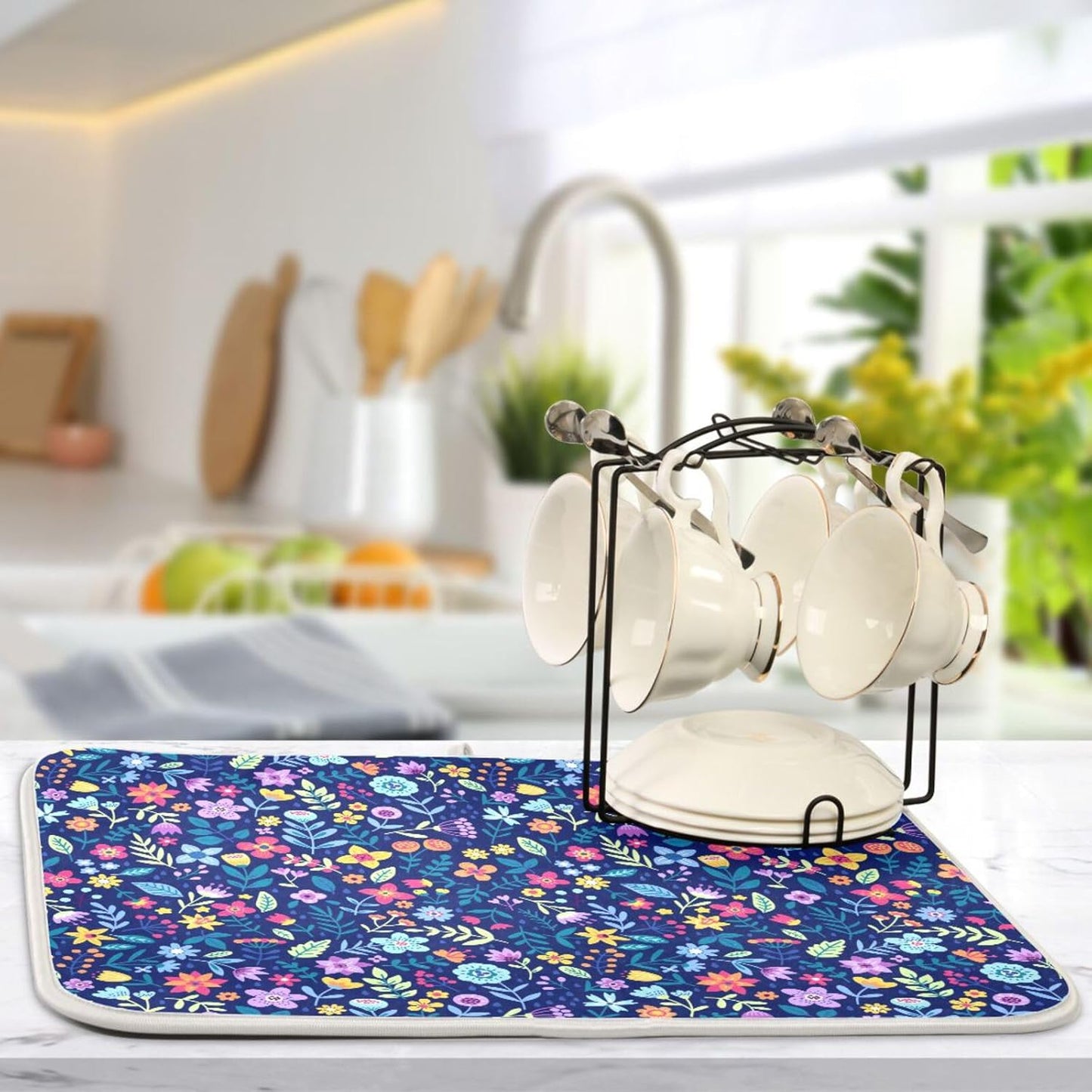 Cute Floral Flowers Dish Drying Mat for Kitchen Counter Absorbent Microfiber Drying Pad, Large 18x24 in, Reversible Drainer Mats