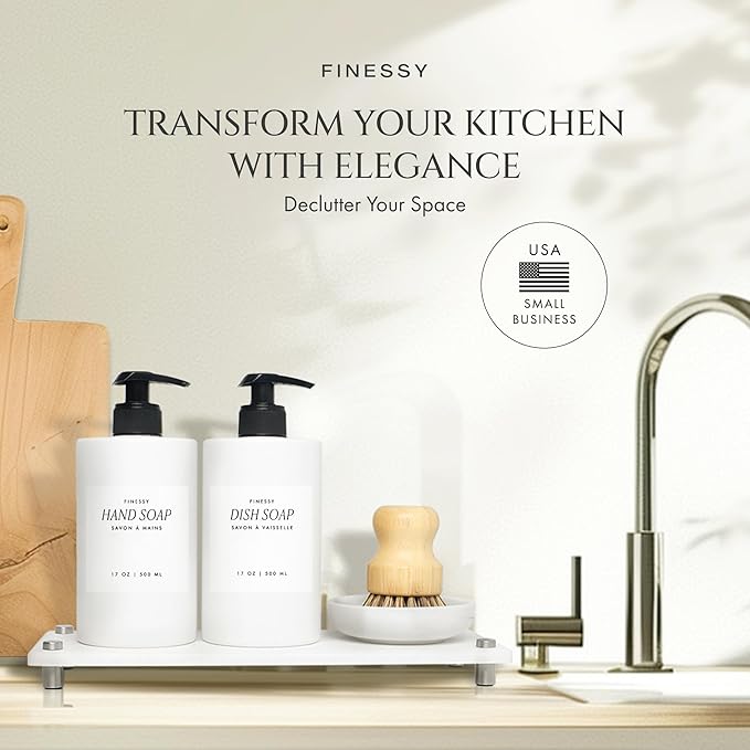 Luxe White Kitchen Soap Dispenser Set with Tray and Dish Brush, Refillable Hand and Dish Soap Dispenser Set Bottles with Pump for Lotion Handsoap Liquid Dishwashing Kitchen and Bathroom Countertop Set