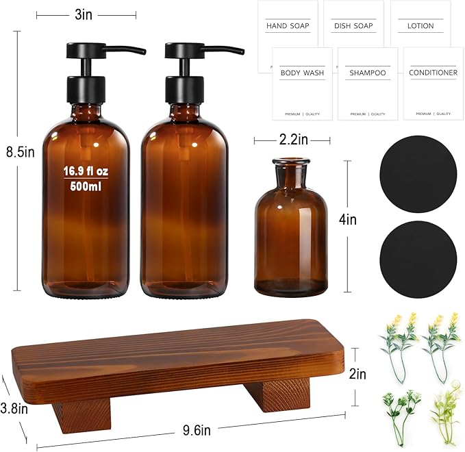 KASUNTING Amber Glass Soap Dispenser with Upgraded Flat Pump, Dish Soap Dispenser for Kitchen, Hand Soap Dispenser for Bathroom, Decorative Vase & Wood Riser Bathroom Decor(Amber02)